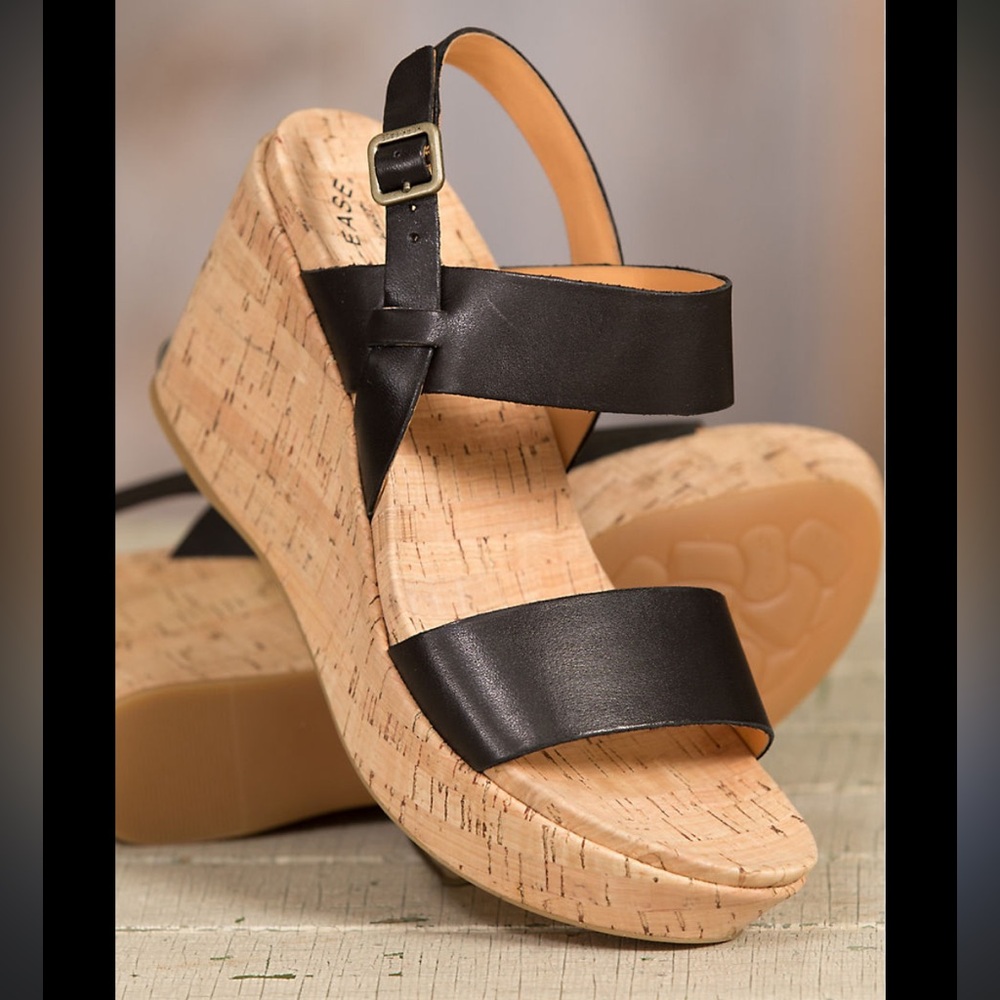 Korks black cork wedge sandals Kork-Ease Austin Leather wedge sandals